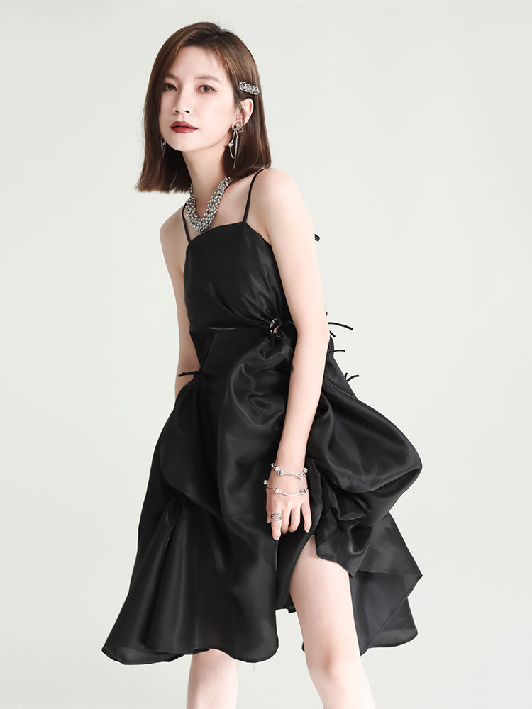 Marigold Shadows dresses Amida Pillowy Spaghetti Strap Dress - Black