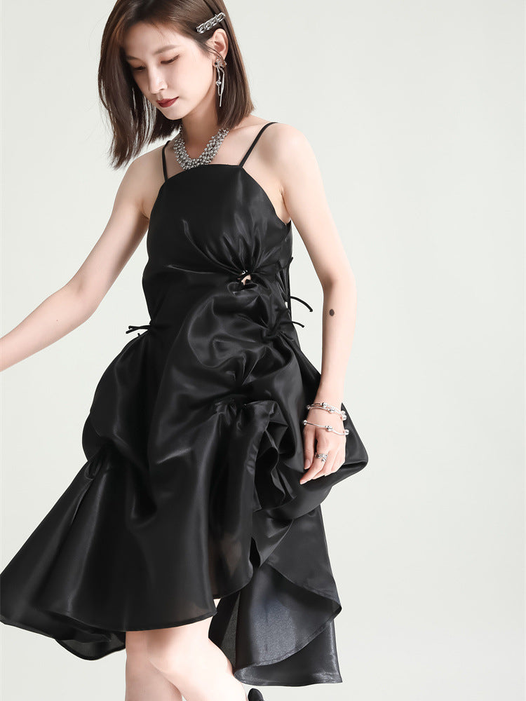 Marigold Shadows dresses Amida Pillowy Spaghetti Strap Dress - Black