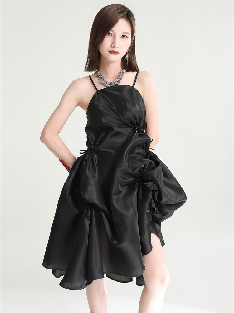 Marigold Shadows dresses Amida Pillowy Spaghetti Strap Dress - Black