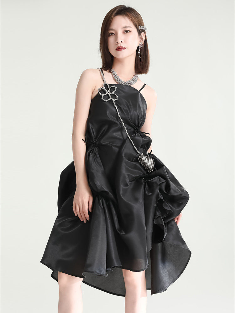 Marigold Shadows dresses Amida Pillowy Spaghetti Strap Dress - Black
