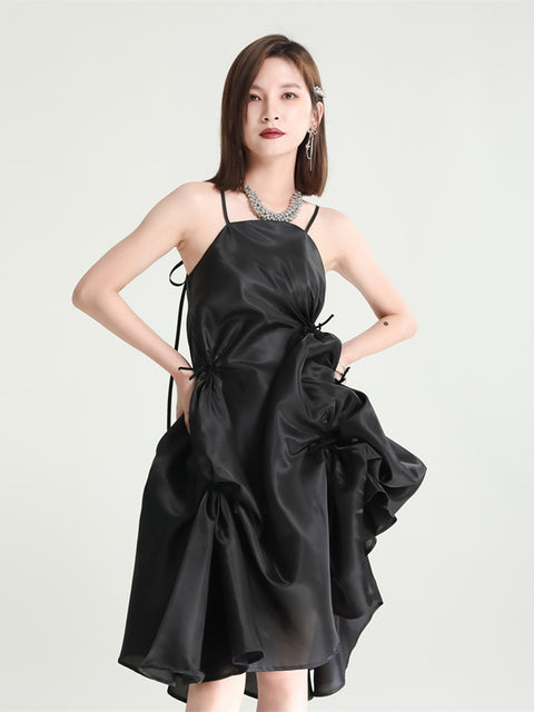 Marigold Shadows dresses Amida Pillowy Spaghetti Strap Dress - Black