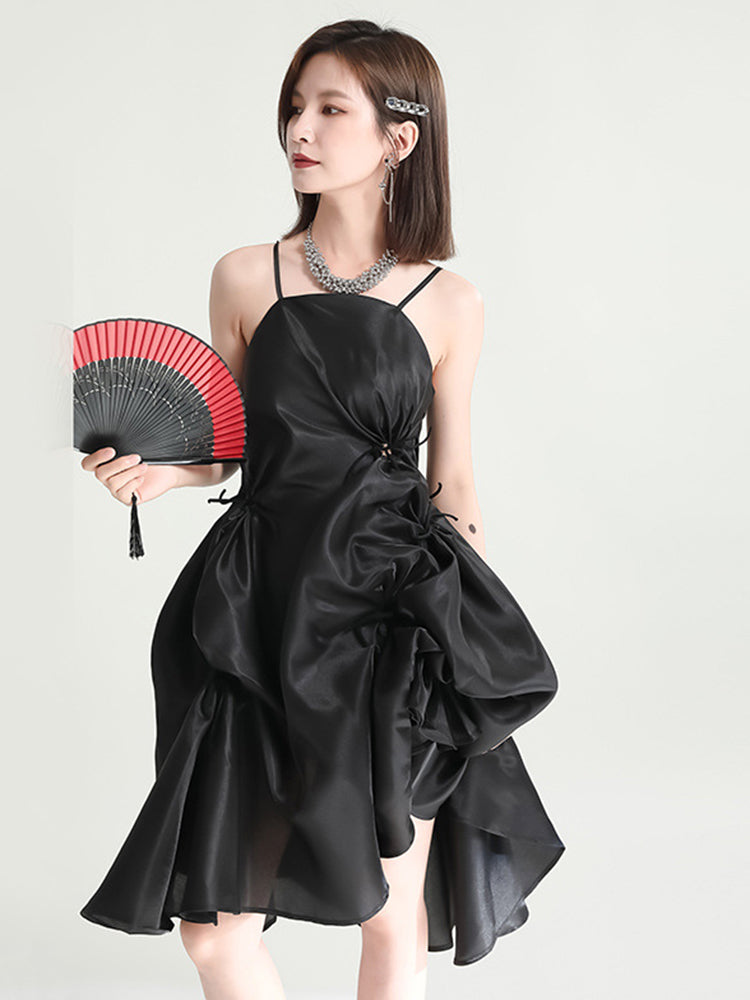 Marigold Shadows dresses Amida Pillowy Spaghetti Strap Dress - Black