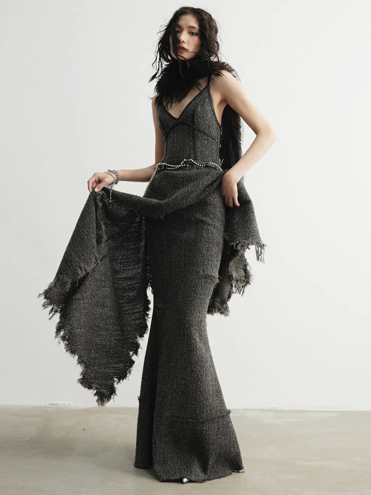 Marigold Shadows Dresses Frandie Asymmetrical Frayed Dress