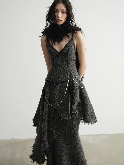 Marigold Shadows Dresses Frandie Asymmetrical Frayed Dress