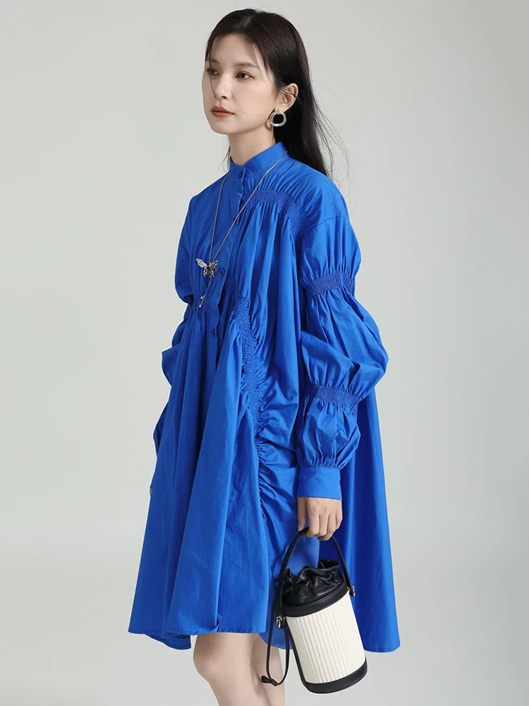 Marigold Shadows dresses Hotaru Long Sleeve Pleated Shirt Dress - Blue