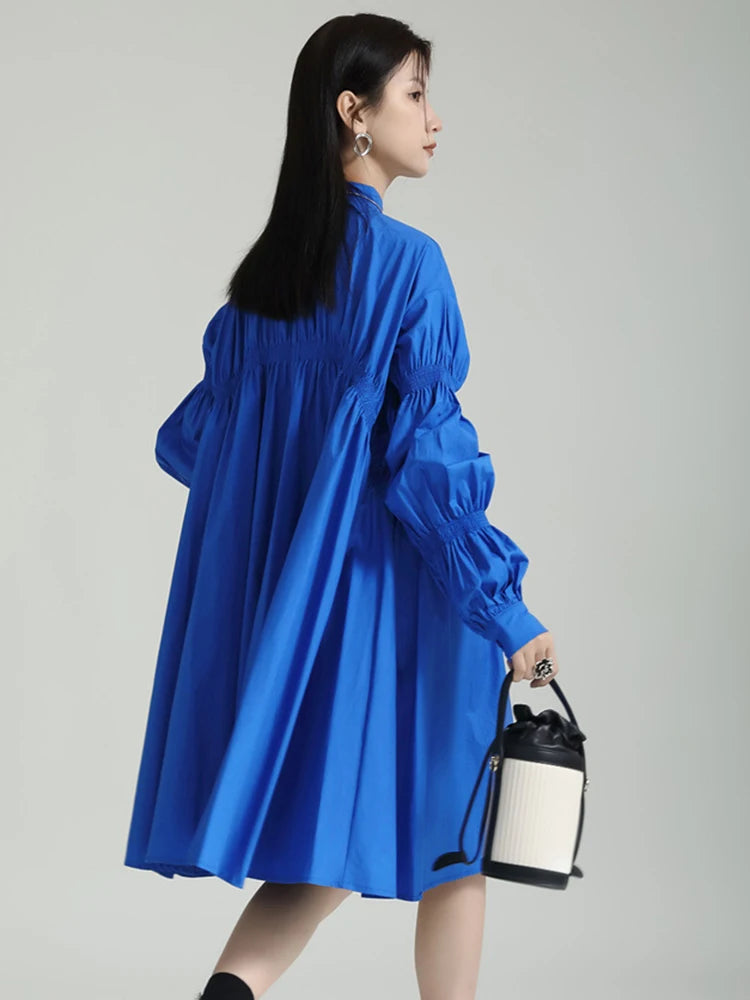 Marigold Shadows dresses Hotaru Long Sleeve Pleated Shirt Dress - Blue