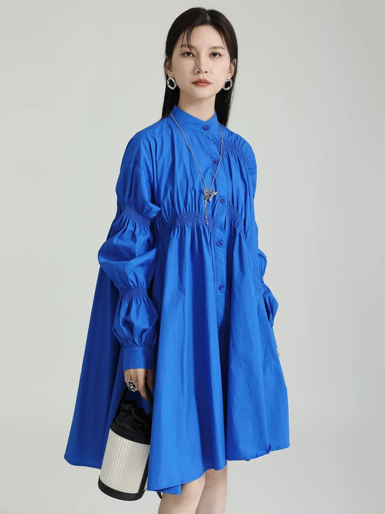 Marigold Shadows dresses Hotaru Long Sleeve Pleated Shirt Dress - Blue