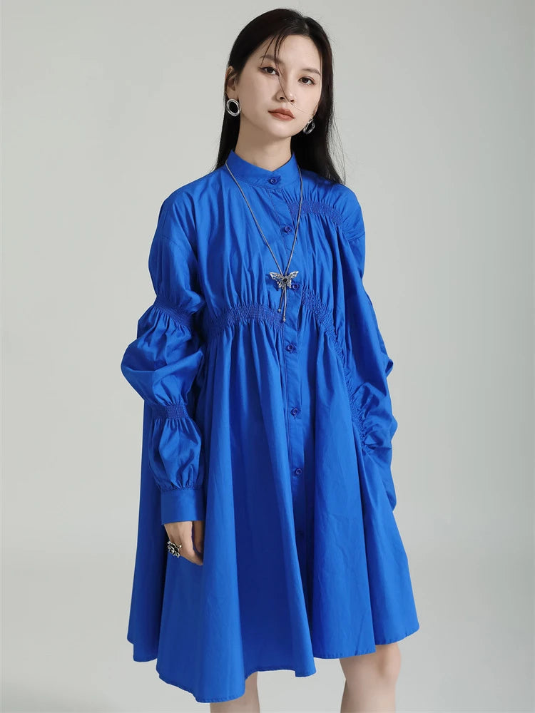 Marigold Shadows dresses Hotaru Long Sleeve Pleated Shirt Dress - Blue