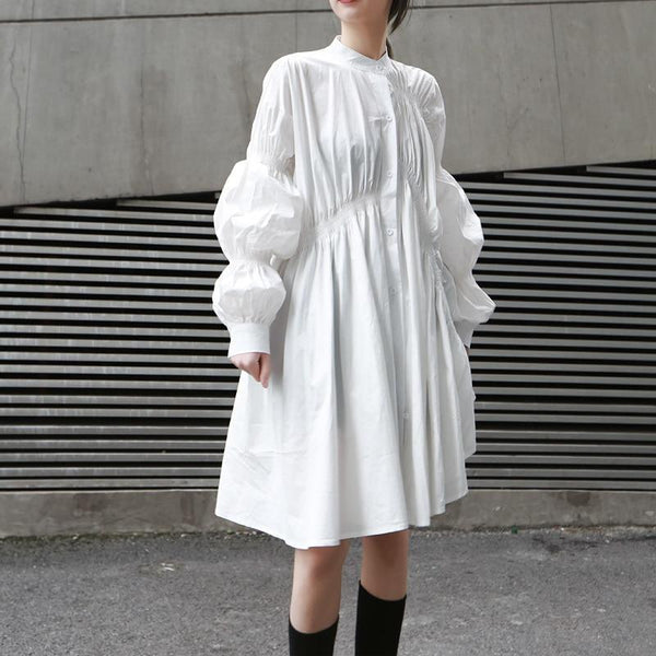 Marigold Shadows dresses Hotaru Long Sleeve Pleated Shirt Dress - White