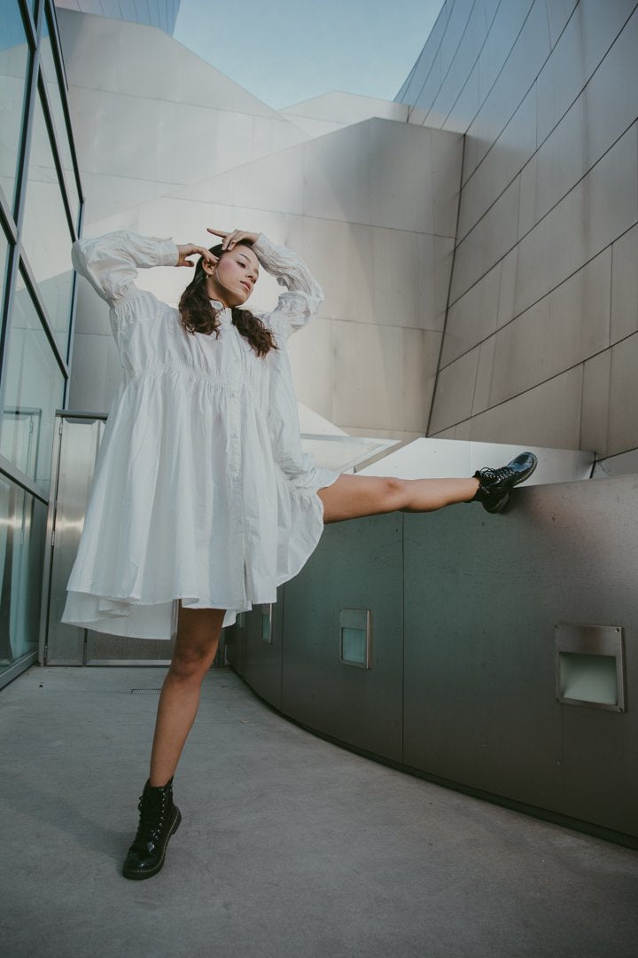 Marigold Shadows dresses Hotaru Long Sleeve Pleated Shirt Dress - White