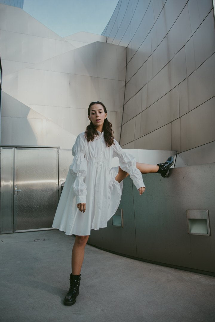Marigold Shadows dresses Hotaru Long Sleeve Pleated Shirt Dress - White