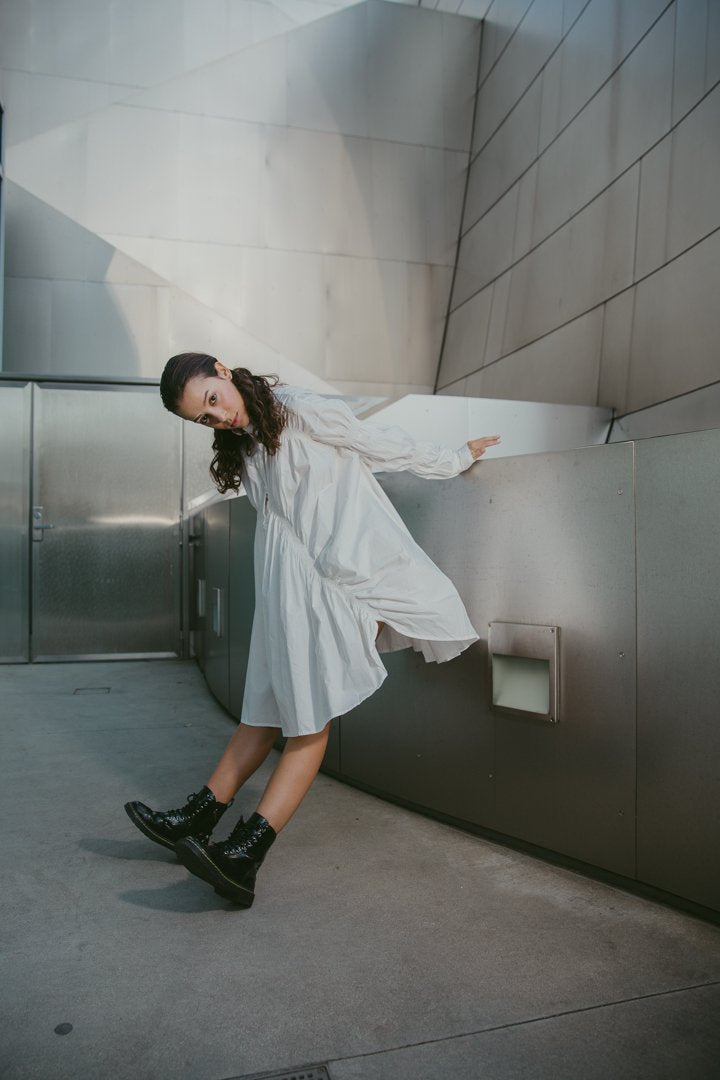 Marigold Shadows dresses Hotaru Long Sleeve Pleated Shirt Dress - White