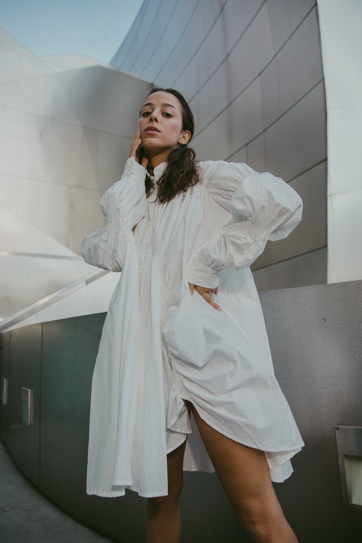 Marigold Shadows dresses Hotaru Long Sleeve Pleated Shirt Dress - White