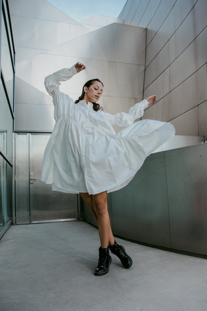 Marigold Shadows dresses Hotaru Long Sleeve Pleated Shirt Dress - White