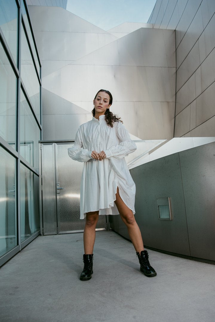 Marigold Shadows dresses Hotaru Long Sleeve Pleated Shirt Dress - White