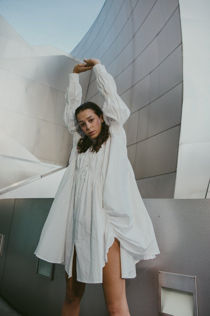 Marigold Shadows dresses Hotaru Long Sleeve Pleated Shirt Dress - White