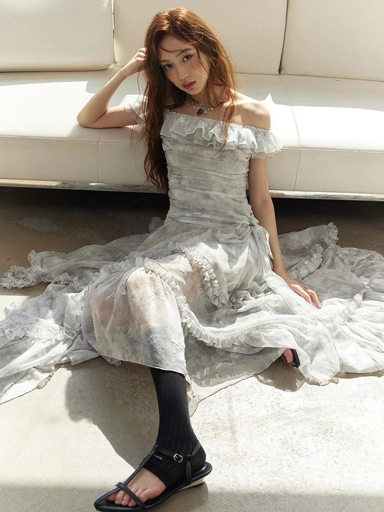 Marigold Shadows Dresses *** Miranda Ruffled Open Shoulder Dress
