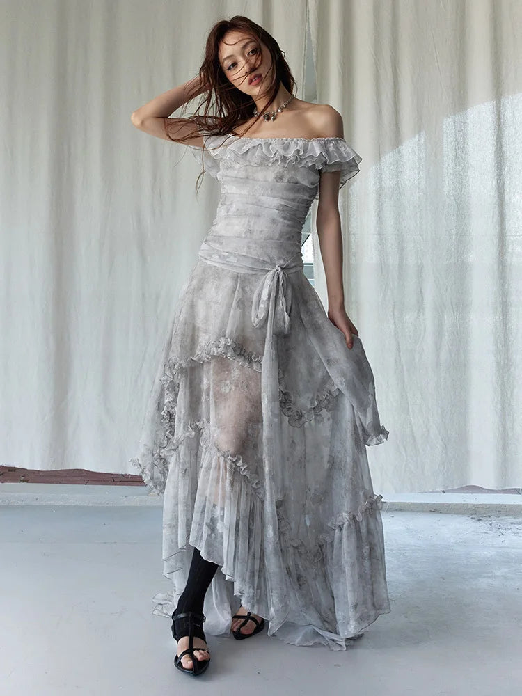 Marigold Shadows Dresses *** Miranda Ruffled Open Shoulder Dress