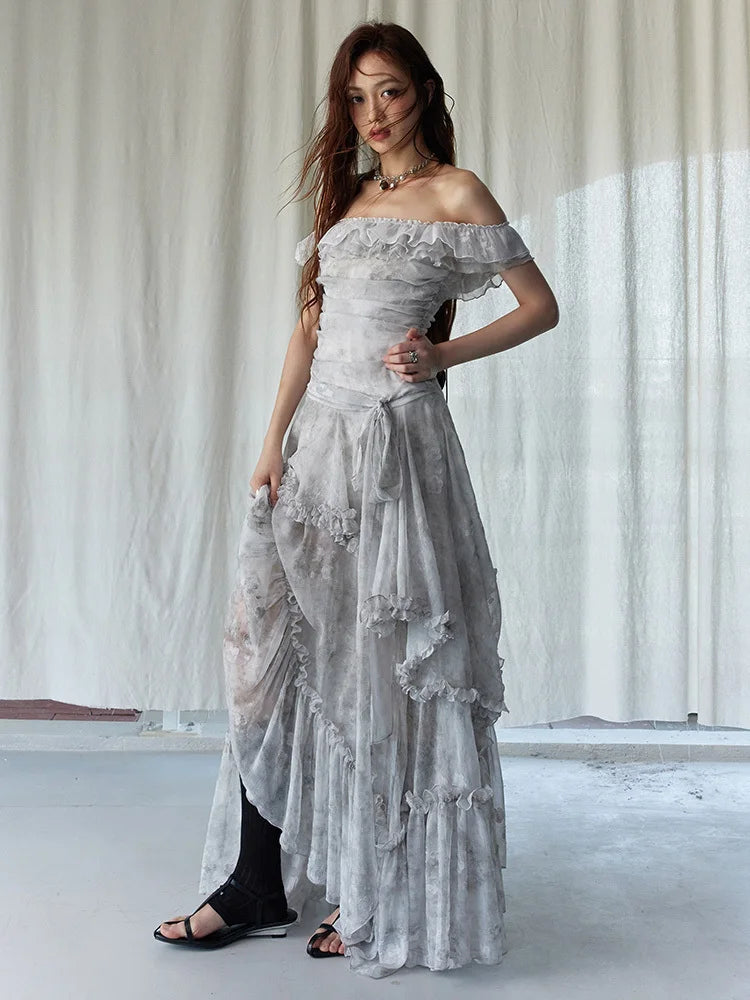 Marigold Shadows Dresses *** Miranda Ruffled Open Shoulder Dress