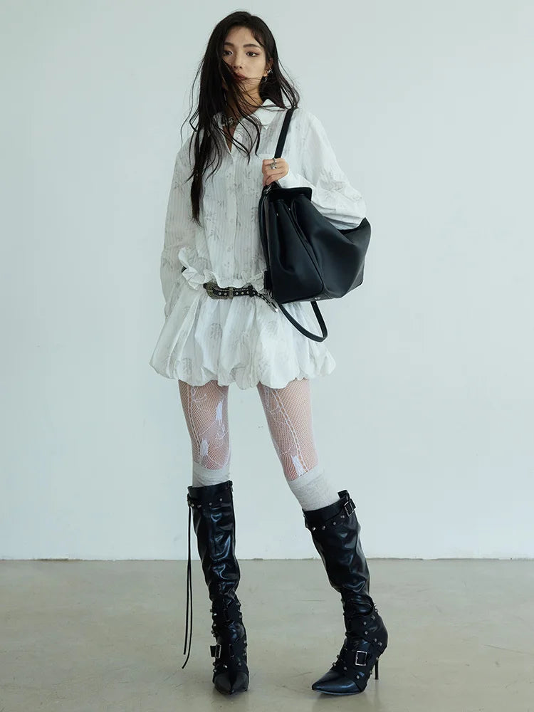 Marigold Shadows Dresses *** Peechu Button Up Puff Dress