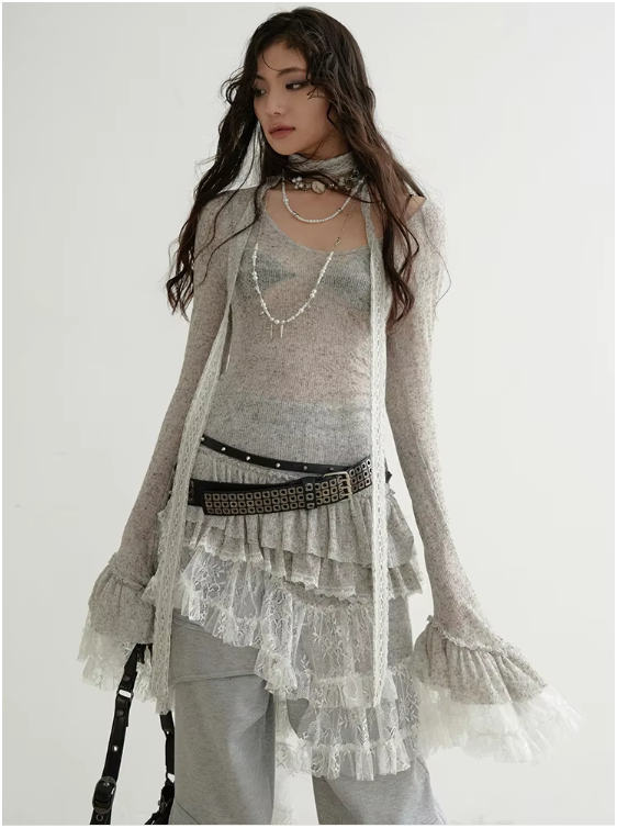 Rideco Ruffle Lace Sweater Dress Light Gray / L Rideco Ruffle Lace Sweater Dress Light Gray / L