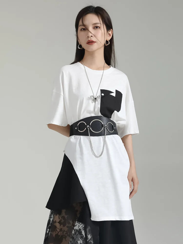 Marigold Shadows Shirts Birdo Asymmetrical Pocket Tee - White