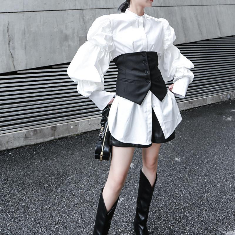Marigold Shadows shirts Daoko Pleated Puff Long Sleeve Shirt - White