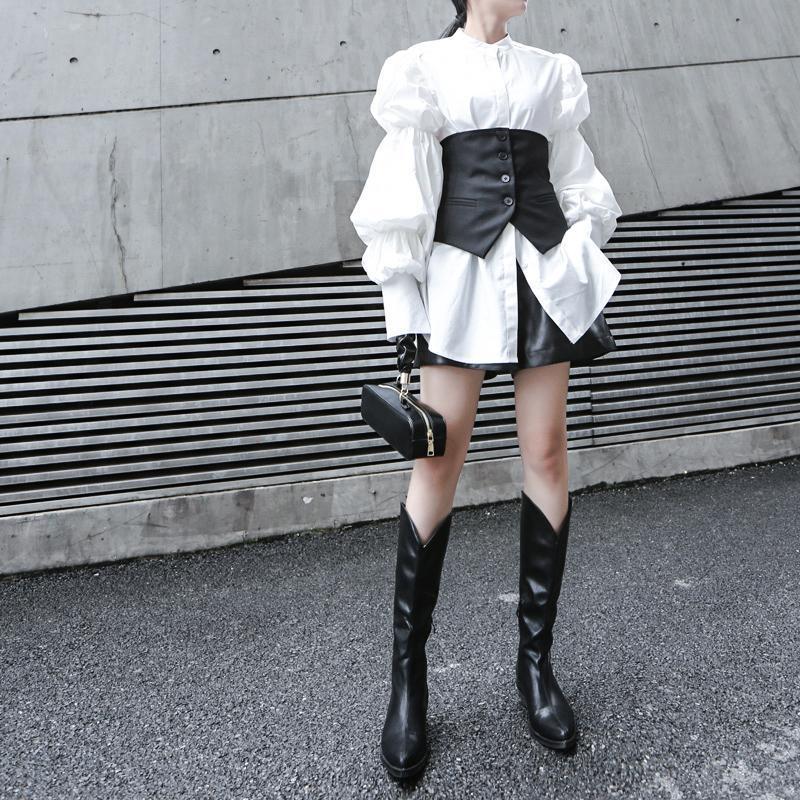 Marigold Shadows shirts Daoko Pleated Puff Long Sleeve Shirt - White