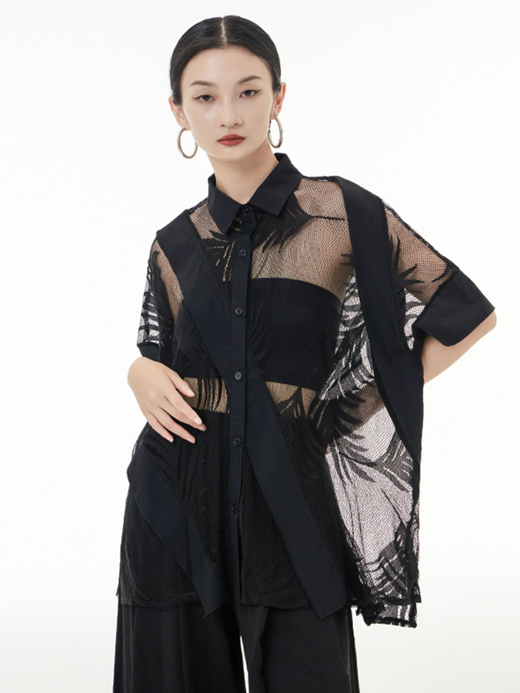 Marigold Shadows Shirts Hayato Sheer Leaf Blouse - Black