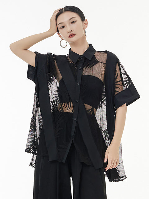 Marigold Shadows Shirts Hayato Sheer Leaf Blouse - Black