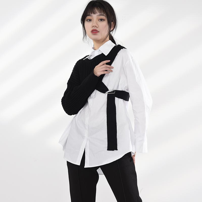 Marigold Shadows shirts Manami Knitted Long Sleeve Irregular Shirt - Black