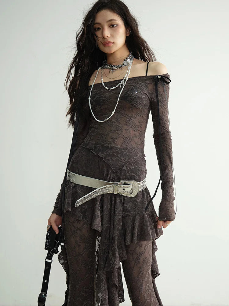 Marigold Shadows Shirts ***Mancaddi Sheer Lace Long Sleeve