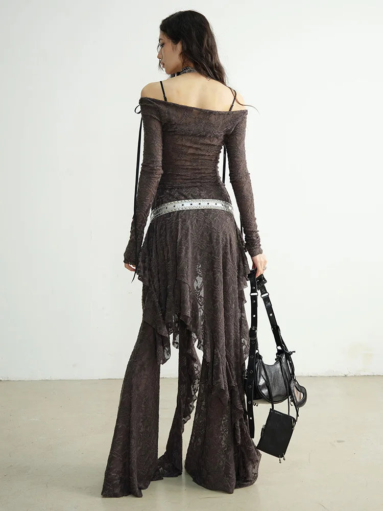 Marigold Shadows Shirts ***Mancaddi Sheer Lace Long Sleeve
