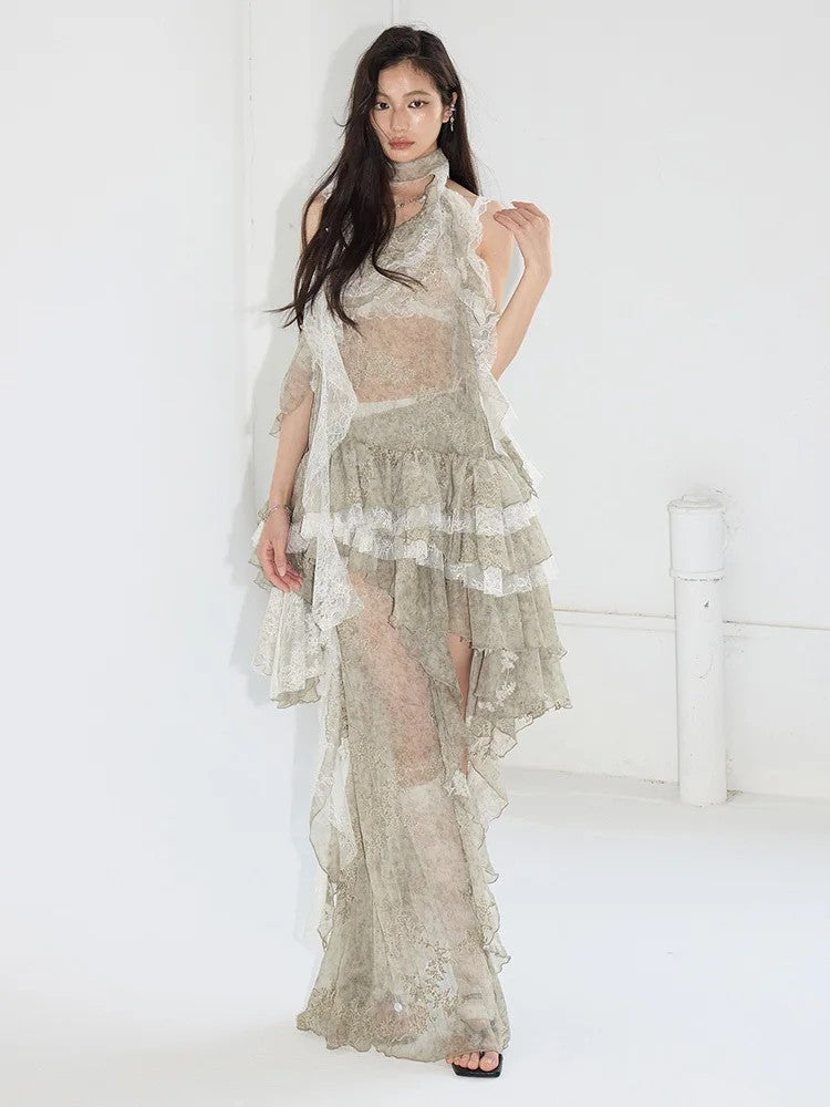 Marigold Shadows Shirts **Miecy Sheer Lace Halter Top