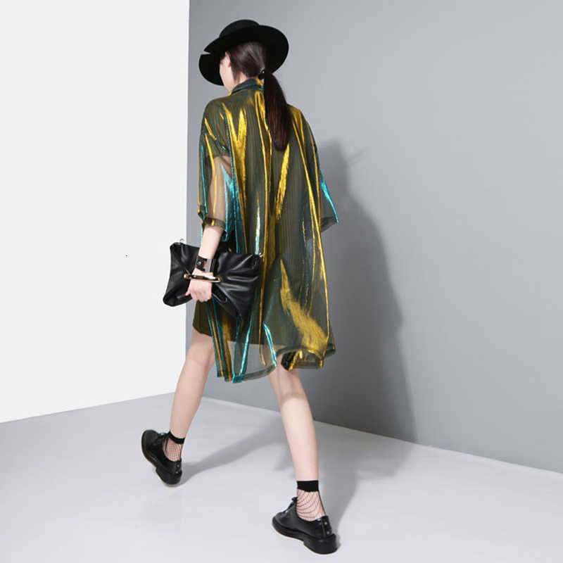 Marigold Shadows shirts Reece Sheer Shimmer Shirt Dress - Gold Green