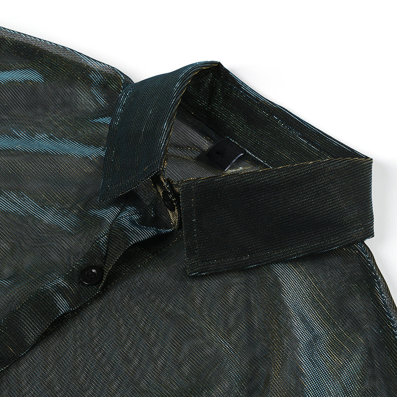 Marigold Shadows shirts Reece Sheer Shimmer Shirt Dress - Gold Green