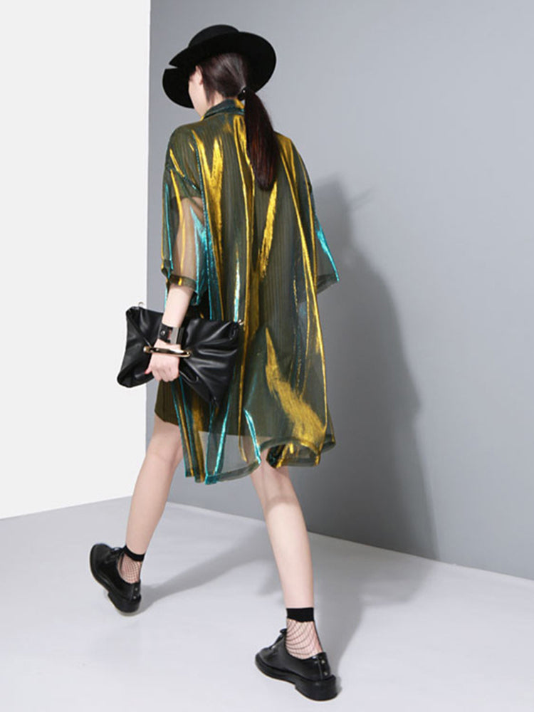 Marigold Shadows shirts Reece Sheer Shimmer Shirt Dress - Gold Green