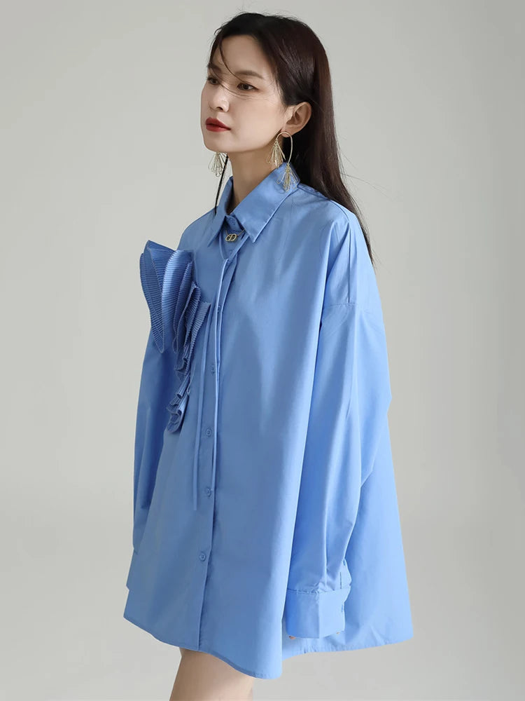 Marigold Shadows Shirts Sheltey Ruffle Flower Blouse - Blue