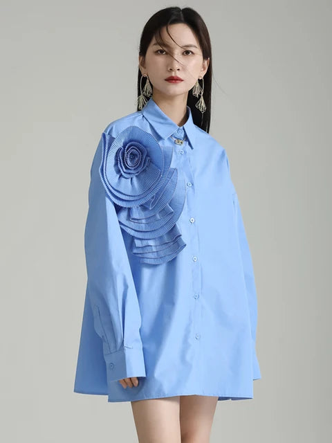 Marigold Shadows Shirts Sheltey Ruffle Flower Blouse - Blue