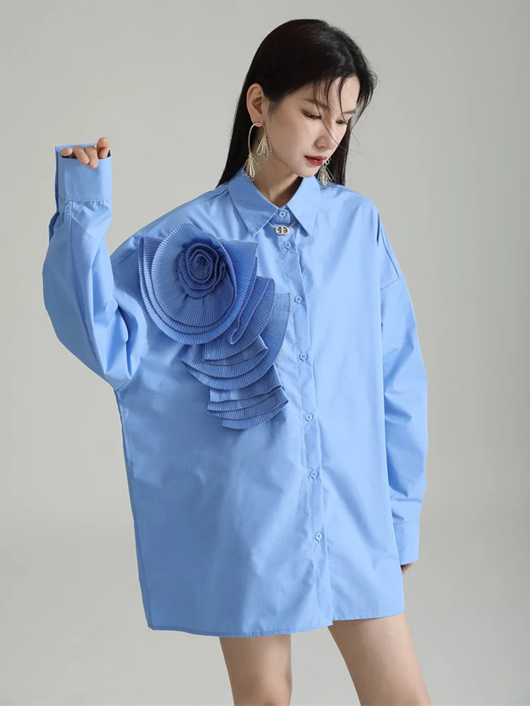 Marigold Shadows Shirts Sheltey Ruffle Flower Blouse - Blue