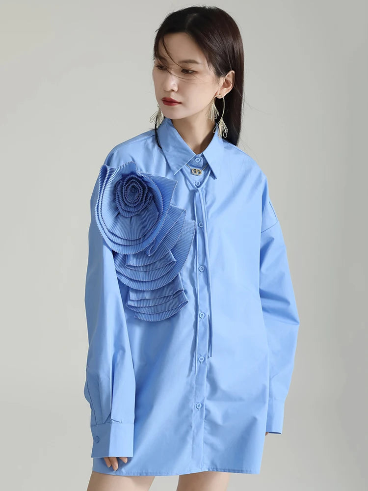 Marigold Shadows Shirts Sheltey Ruffle Flower Blouse - Blue