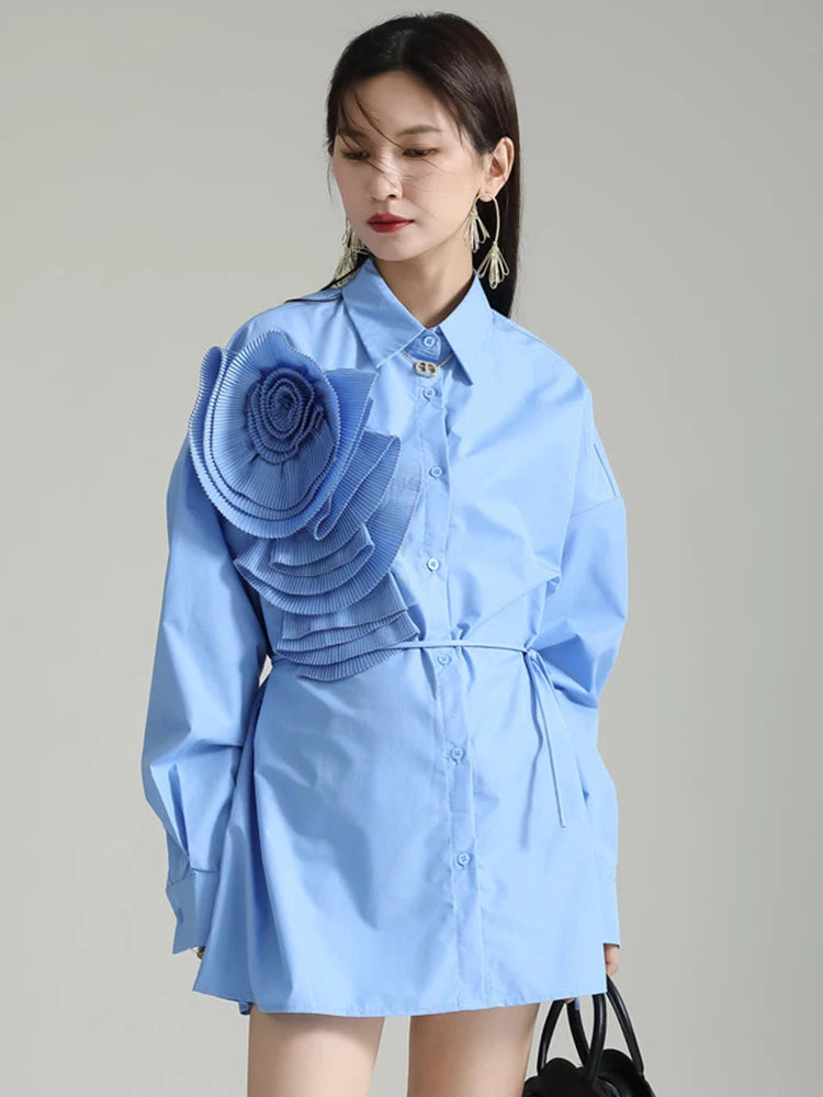 Marigold Shadows Shirts Sheltey Ruffle Flower Blouse - Blue