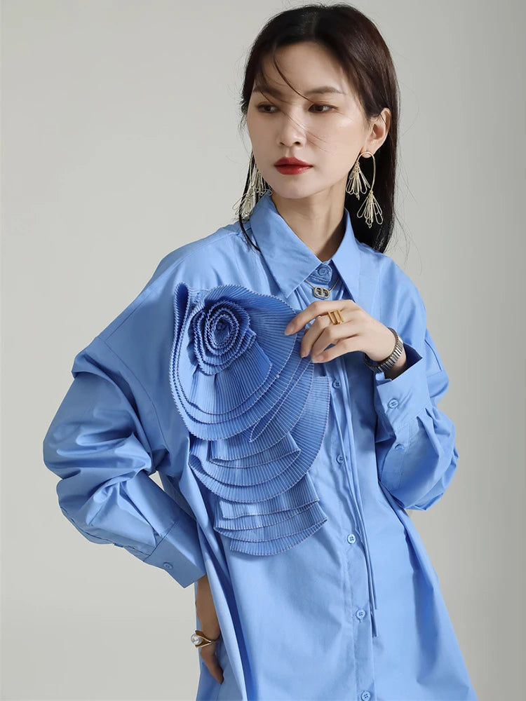 Marigold Shadows Shirts Sheltey Ruffle Flower Blouse - Blue