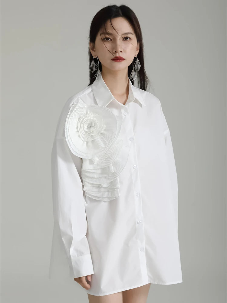 Marigold Shadows Shirts Sheltey Ruffle Flower Blouse - White