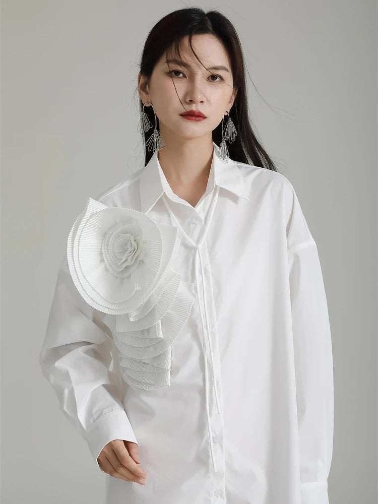 Marigold Shadows Shirts Sheltey Ruffle Flower Blouse - White