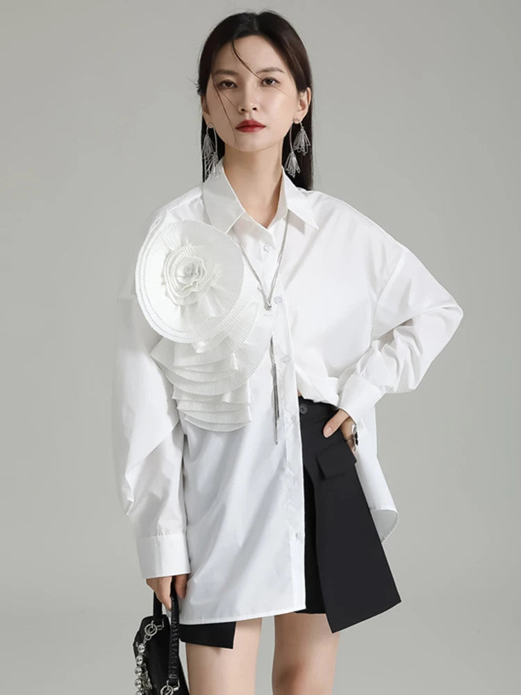 Marigold Shadows Shirts Sheltey Ruffle Flower Blouse - White