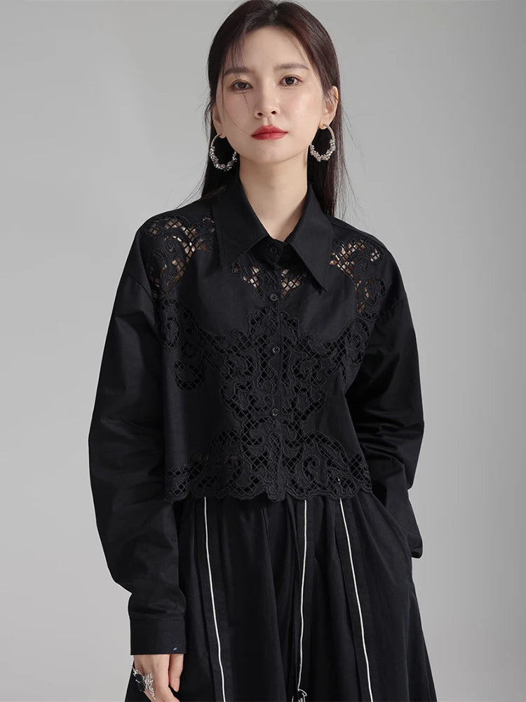 Marigold Shadows Shirts Sherrm Doiley Crop Button Up - Black