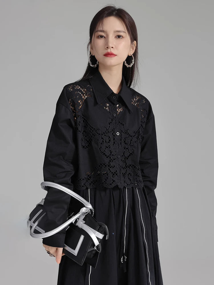 Marigold Shadows Shirts Sherrm Doiley Crop Button Up - Black