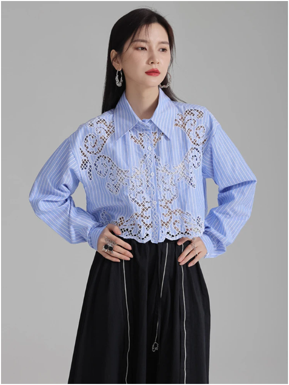 Marigold Shadows Shirts Sherrm Doiley Crop Button Up - Blue