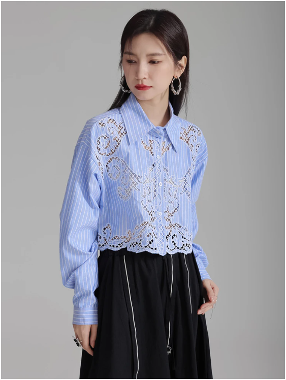 Marigold Shadows Shirts Sherrm Doiley Crop Button Up - Blue